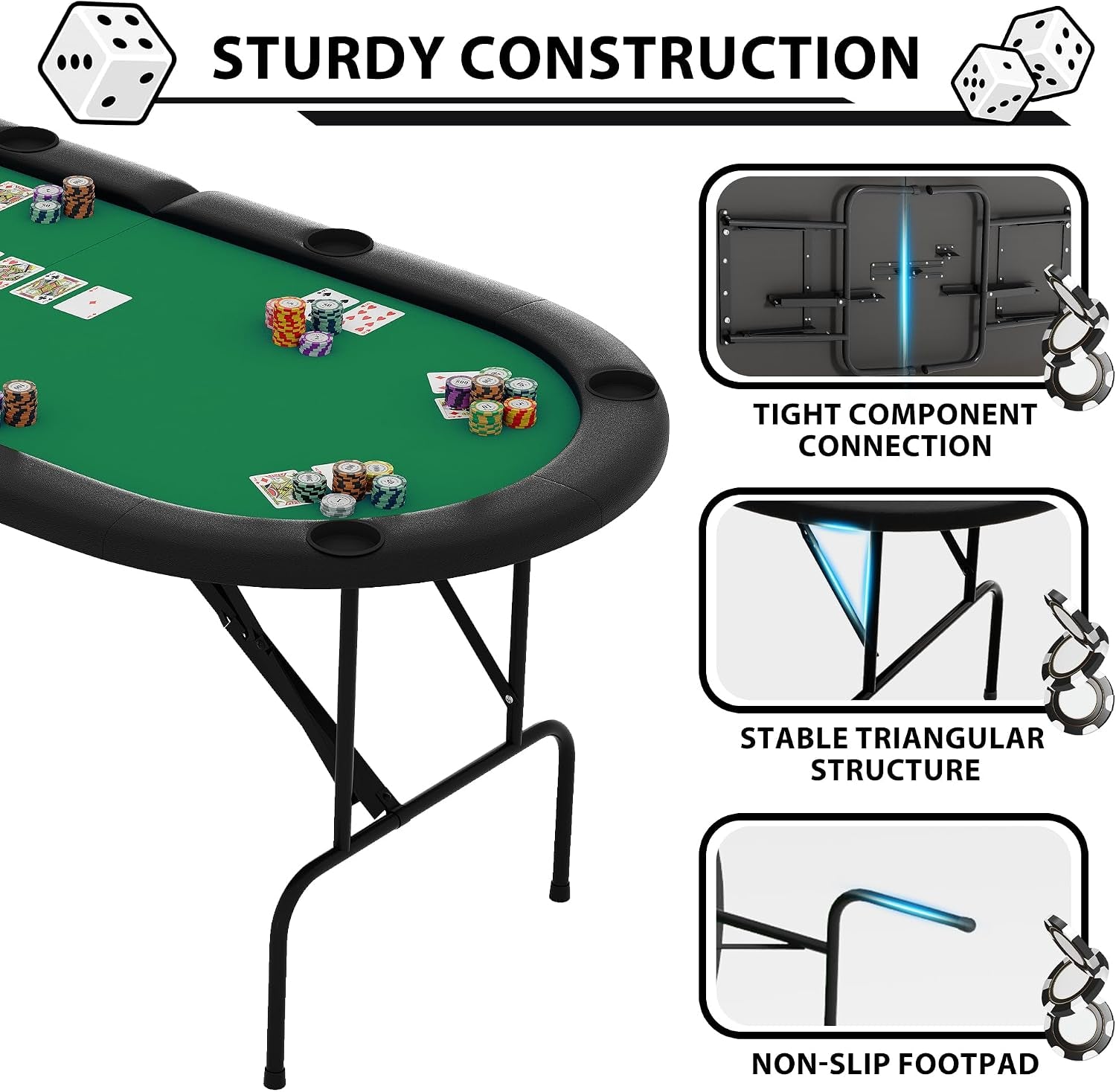 8 Player Oval Foldable Poker Tables, Casino Style Card Table with 8 Cup Holders & Non-Slip Feet, Portable Game Table for Texas Holdem, Blackjack & Dominoes, Perfect for Living Room (Green)