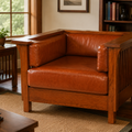 Arts and Crafts / Craftsman Cubic Slat Side Arm Chair - Russet Brown Leather (RB2)
