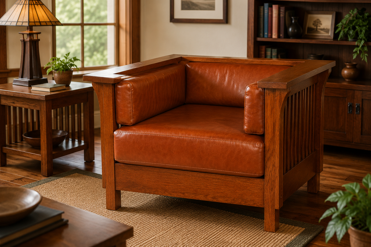 Arts and Crafts / Craftsman Cubic Slat Side Arm Chair - Russet Brown Leather (RB2)