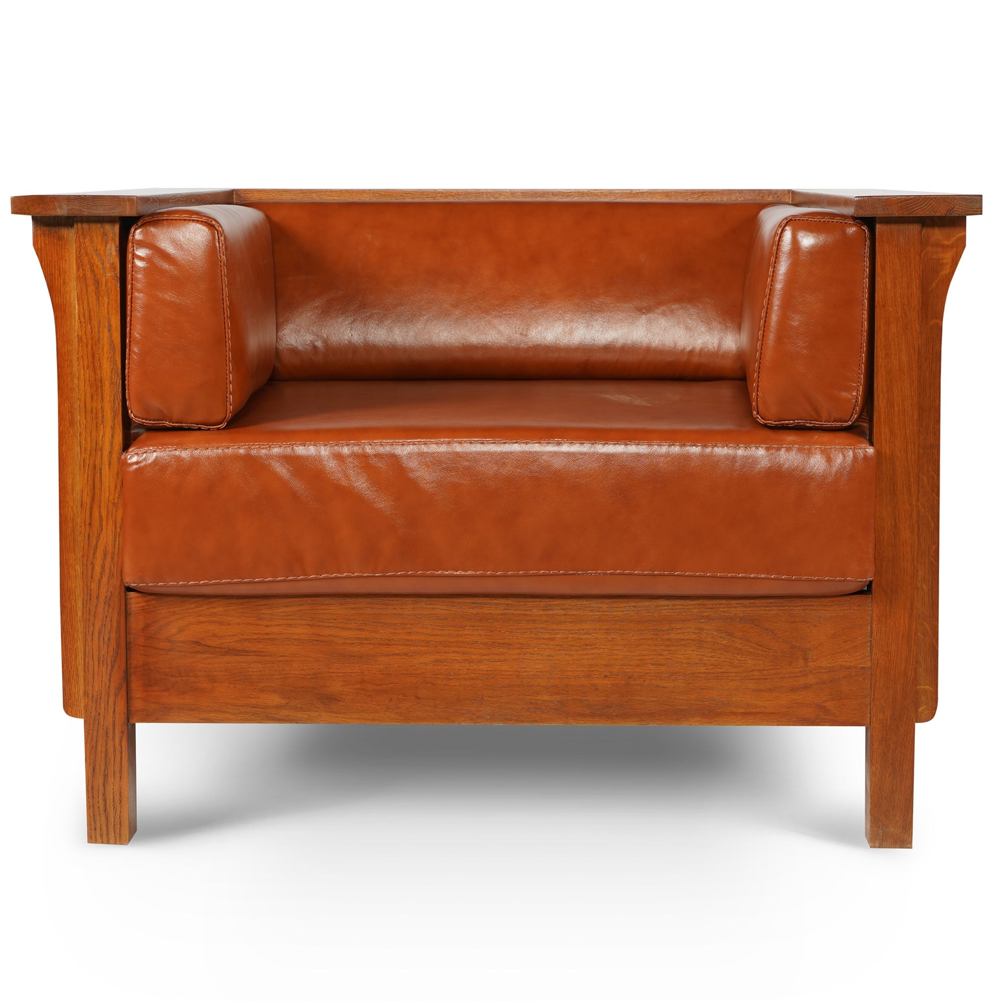 Arts and Crafts / Craftsman Cubic Slat Side Arm Chair - Russet Brown Leather (RB2)