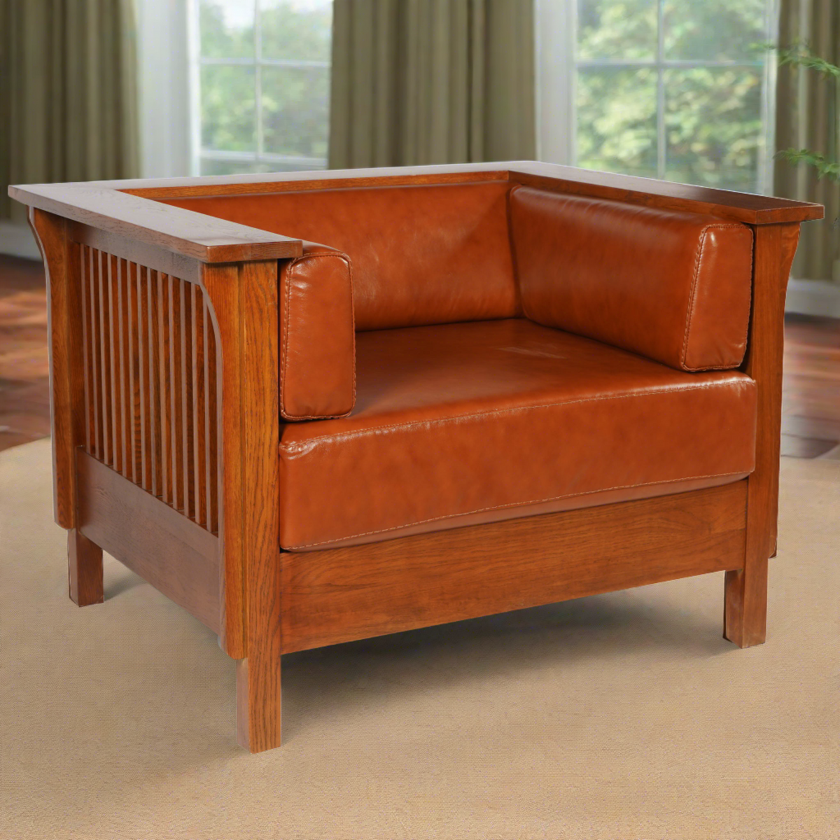 Arts and Crafts / Craftsman Cubic Slat Side Arm Chair - Russet Brown Leather (RB2)