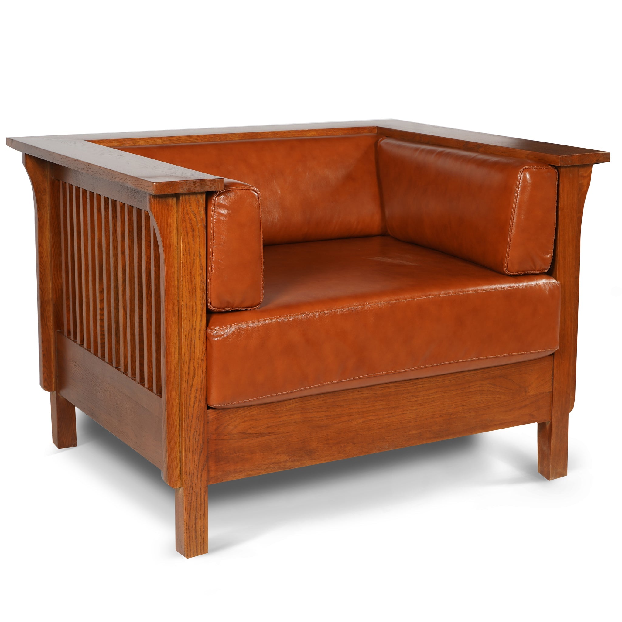 Arts and Crafts / Craftsman Cubic Slat Side Arm Chair - Russet Brown Leather (RB2)