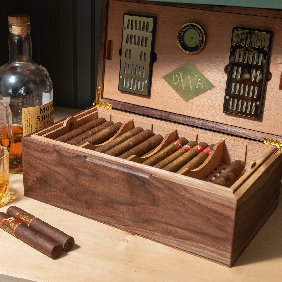 Cigar Humidor - Black Walnut with Spanish Cedar Lining - 80 Capacity