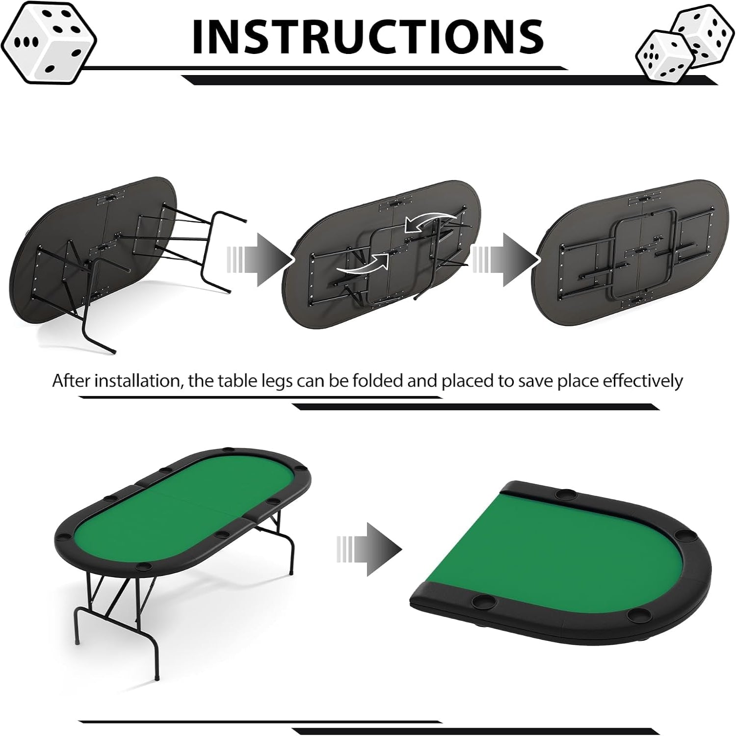 8 Player Oval Foldable Poker Tables, Casino Style Card Table with 8 Cup Holders & Non-Slip Feet, Portable Game Table for Texas Holdem, Blackjack & Dominoes, Perfect for Living Room (Green)