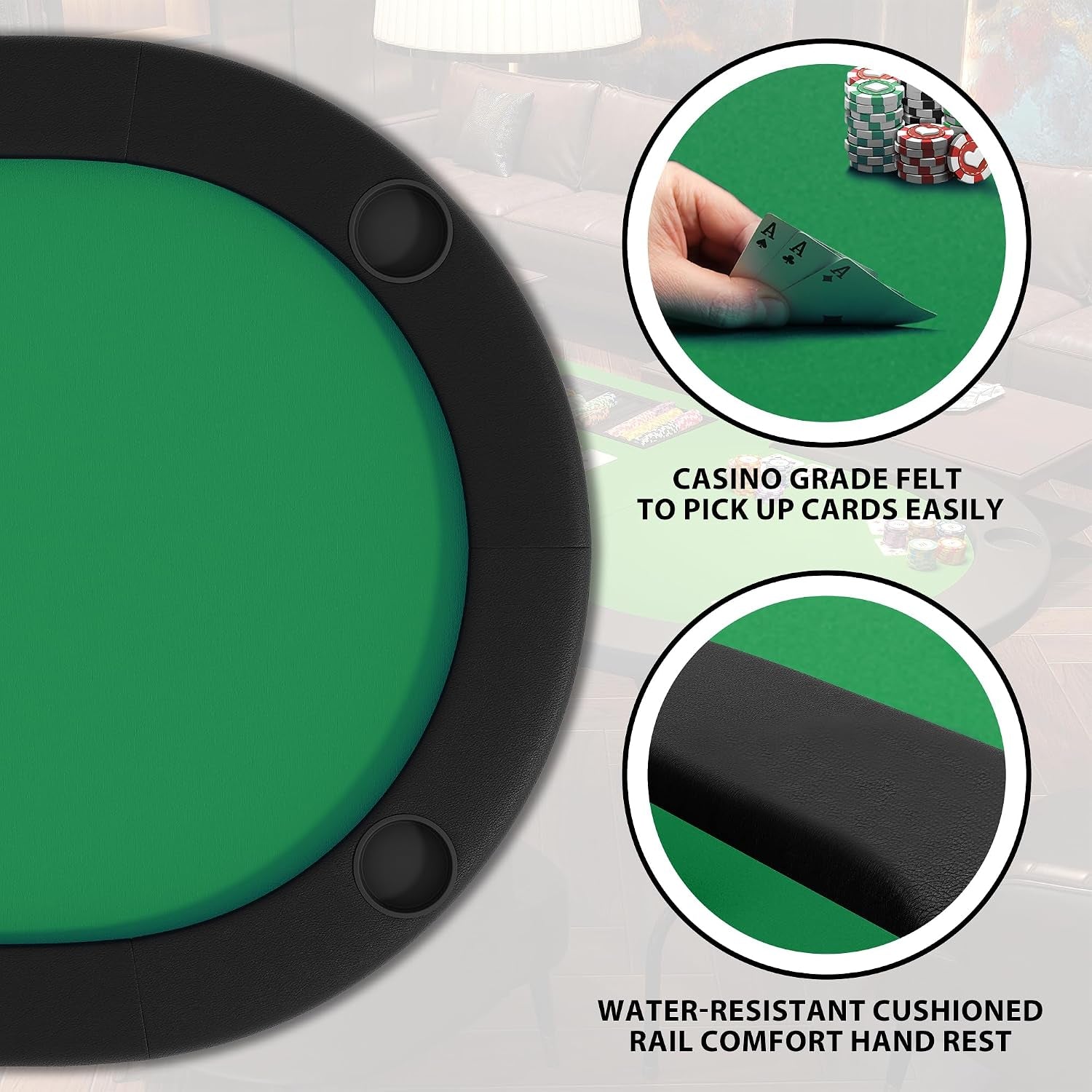 8 Player Oval Foldable Poker Tables, Casino Style Card Table with 8 Cup Holders & Non-Slip Feet, Portable Game Table for Texas Holdem, Blackjack & Dominoes, Perfect for Living Room (Green)