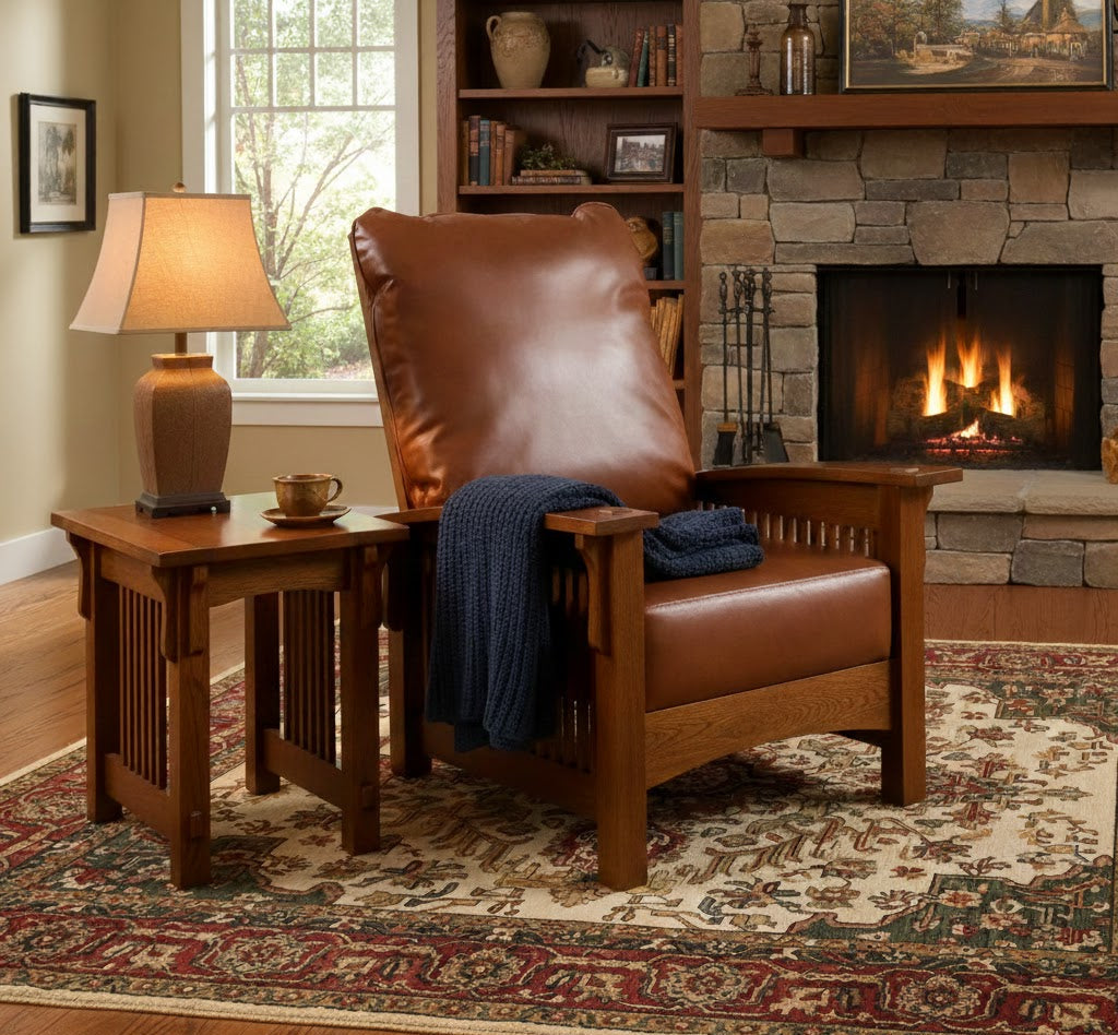 Craftsman-Mission Leather-Oak Morris Arm Chair-Russet Brown